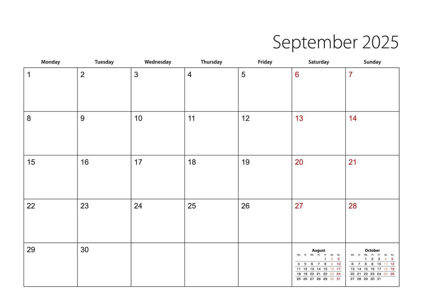 September 2025 simple calendar planner, week starts from Monday. vector