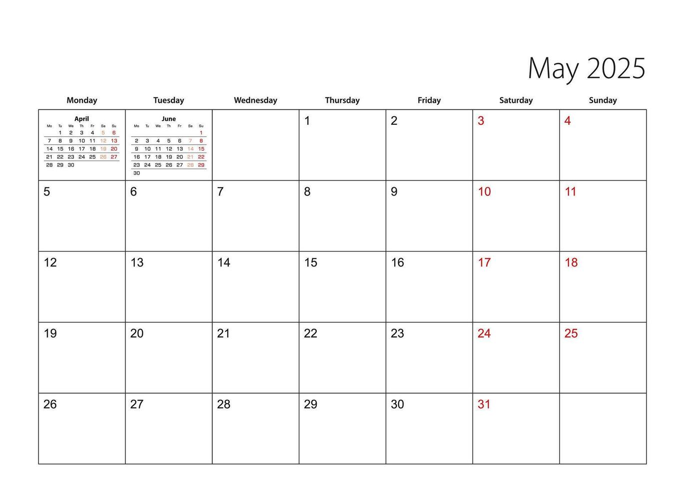 May 2025 simple calendar planner, week starts from Monday. vector