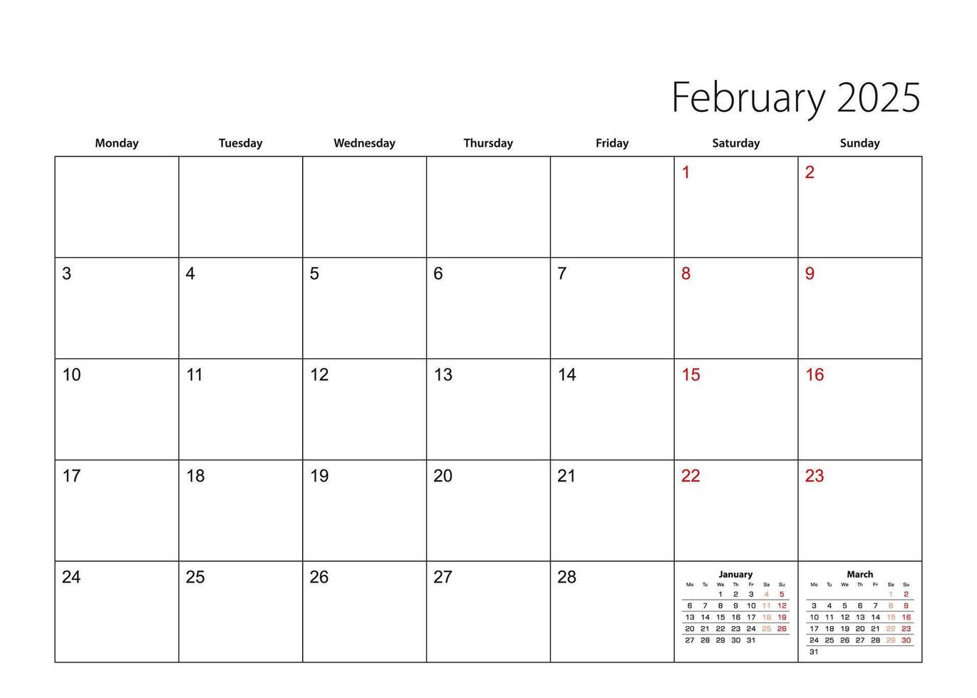 February 2025 simple calendar planner, week starts from Monday. vector