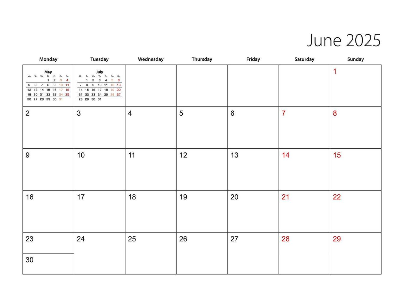 June 2025 simple calendar planner, week starts from Monday. vector