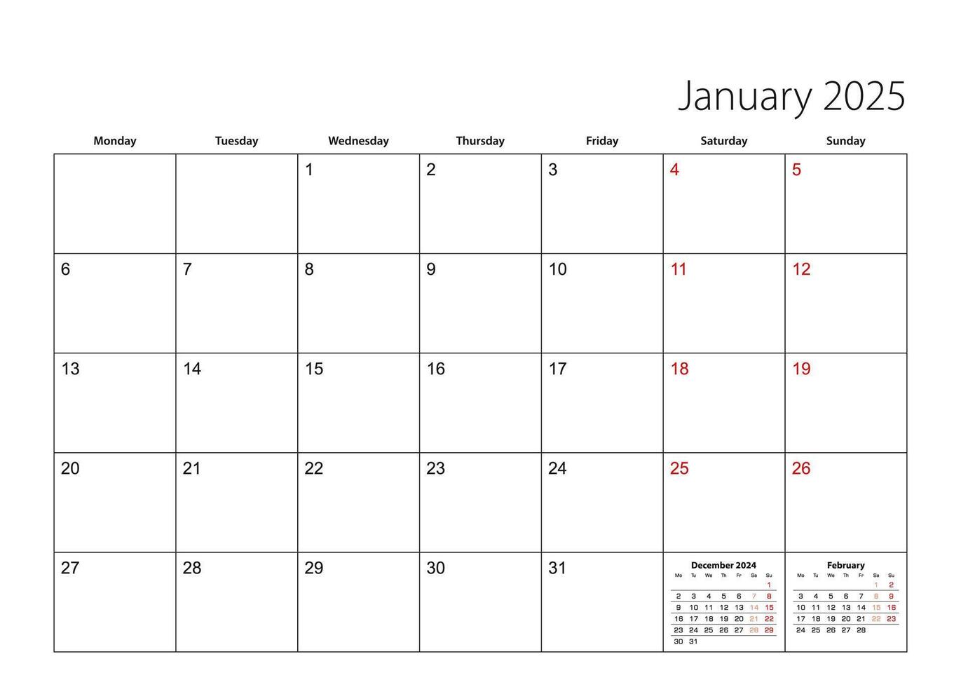 January 2025 simple calendar planner, week starts from Monday. vector