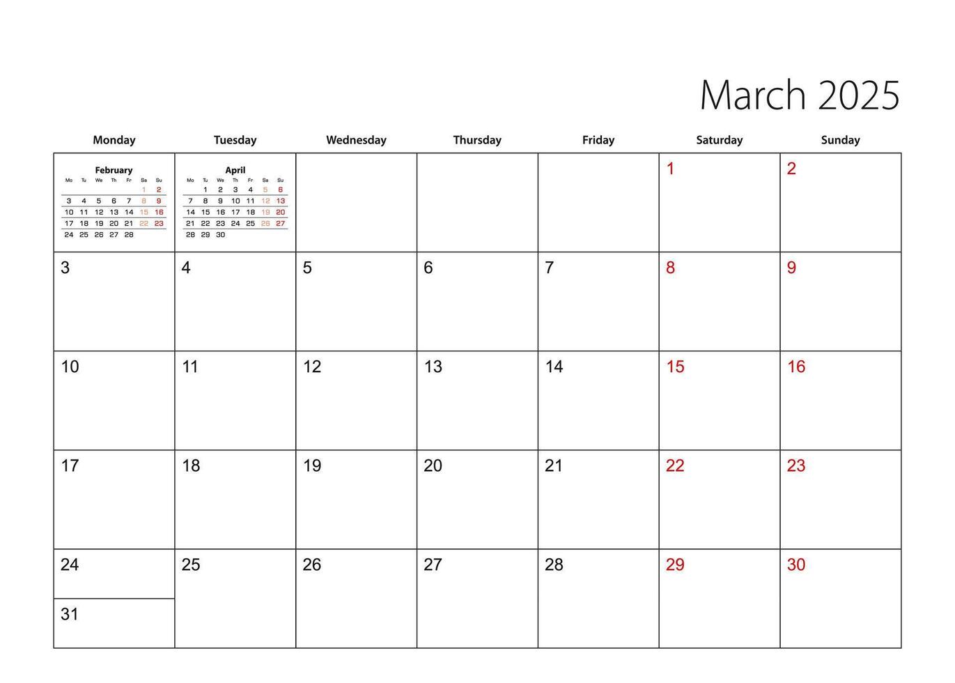 March 2025 simple calendar planner, week starts from Monday. vector