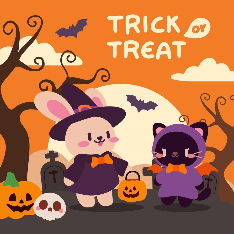 Adorable Halloween Bunny and Cat in Witch and Bat Costumes. Cute Trick or Treat Scene with Witch Bunny and Bat Cat. Spooky Halloween Night with Cute Bunny Witch and Cat in Graveyard. vector