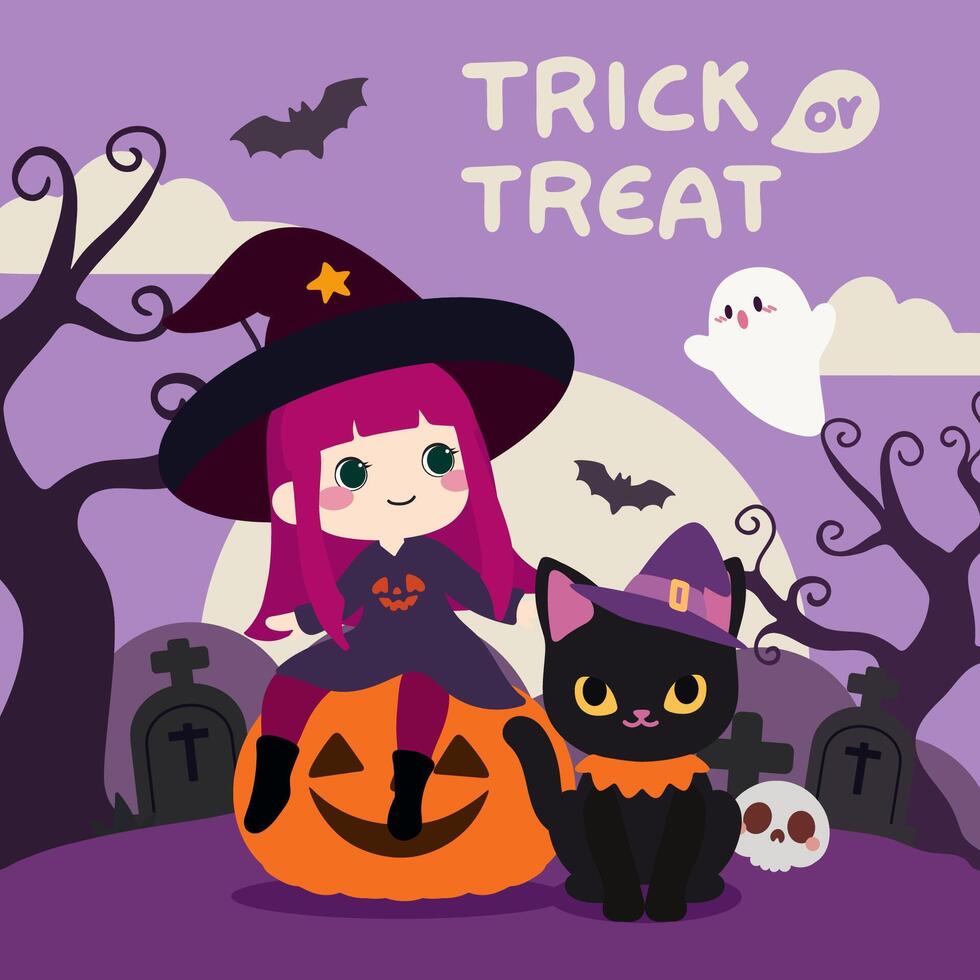 Kawaii Witch Girl with Black Cat. Adorable Halloween Illustration. Cute Witch and Cat with Pumpkin for Halloween. Spooky Halloween Night with Kawaii Witch, Cat, and Ghost. vector