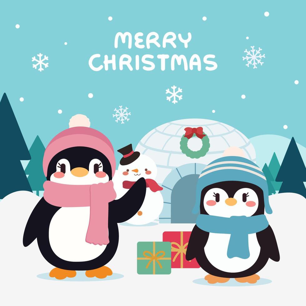 Cute Christmas Penguins with Igloo and Snowman in Winter Wonderland. Adorable Penguins Celebrating Christmas with Gifts and Snowman. Festive Holiday Scene with Penguins, Igloo, and Snowflakes. vector