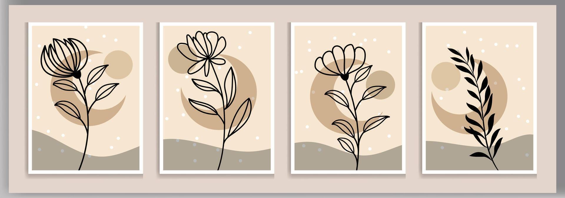 Botanical wall art set. Water color boho foliage line art drawing Abstract organic shapes, floral minimal trendy vector