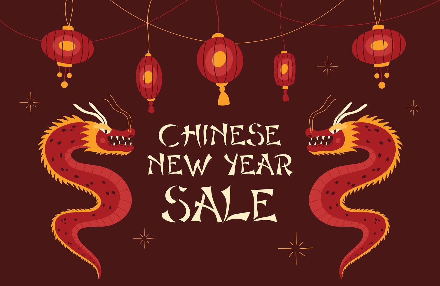 Chinese Lunar new year social media post, Asian illustrations with zodiac dragon symbol of the year, paper laterns, oriental clouds vector
