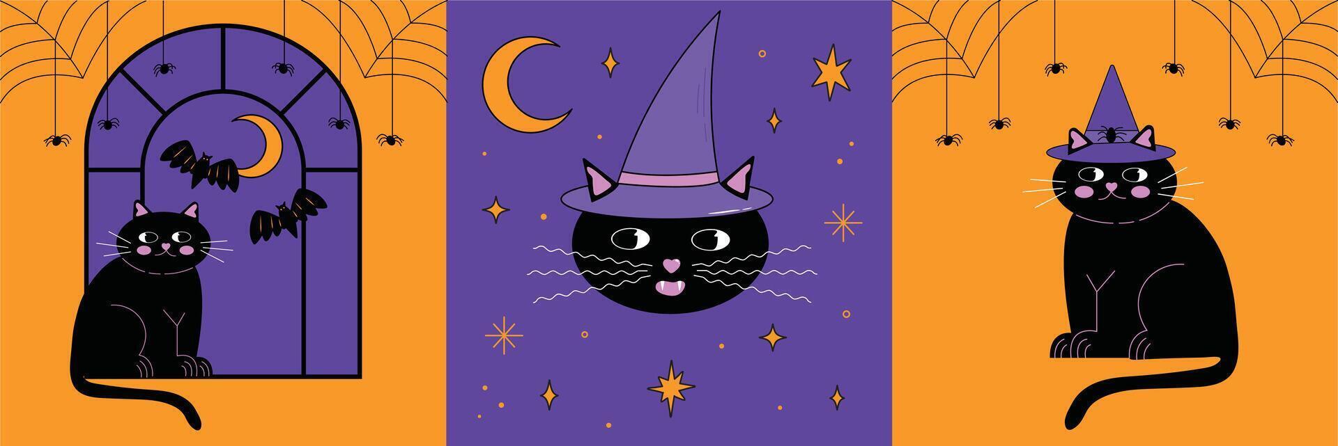 Halloween-themed cartoon illustrations set with cute black cat sitting on window with spider web and bats. Halloween spooky cat in witch hat sticker elements vector