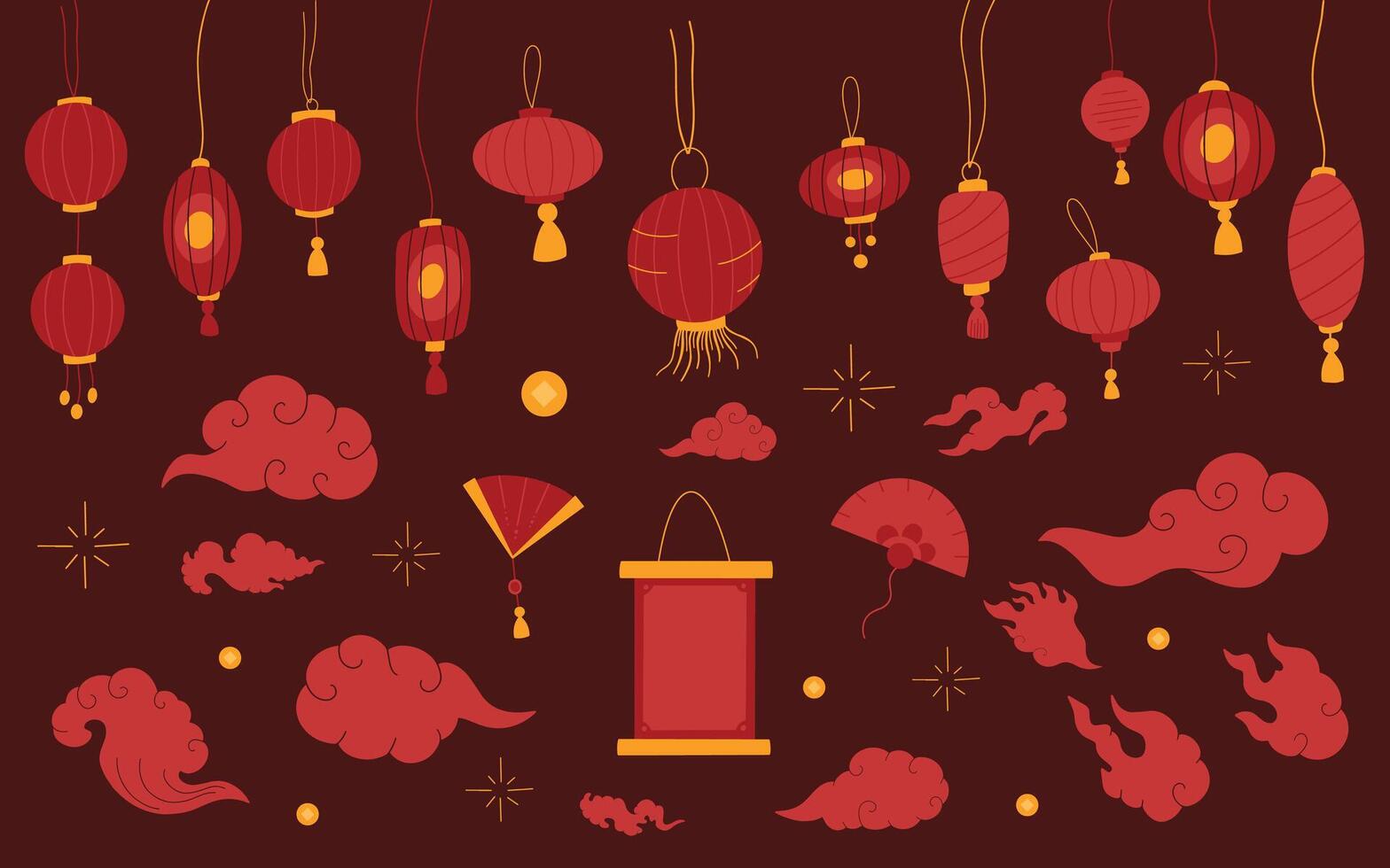 Set of Chinese Lunar new year elements, Collection of Asian illustrations with zodiac dragon, paper laterns, fan, oriental clouds vector