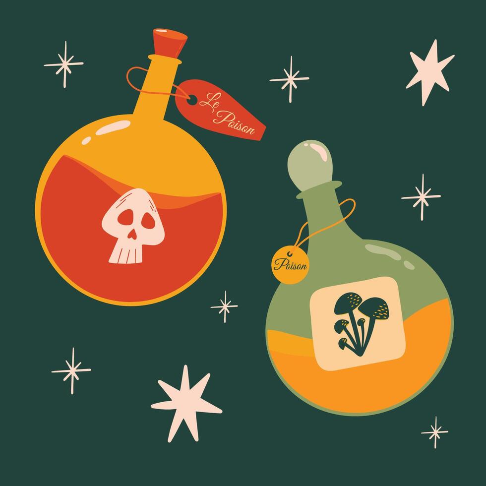 Collection of Halloween potion bottle with poison illustration Hand Drawn magical witchy design elements set in flat cartoon style vector