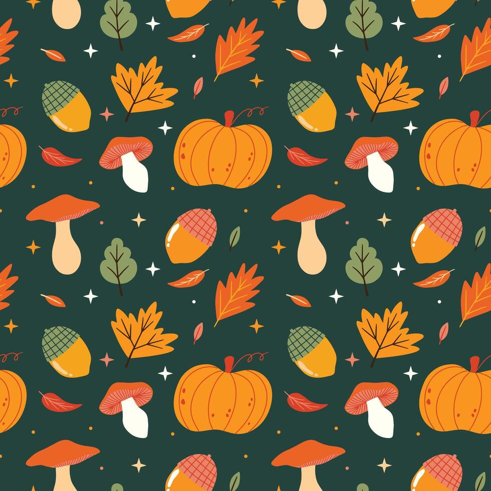 Seamless autumn pattern design with pumpkins, mushrooms, leaves, acorns, leaf elements. Fall season illustration for wrapping paper, textile, background, wallpaper vector