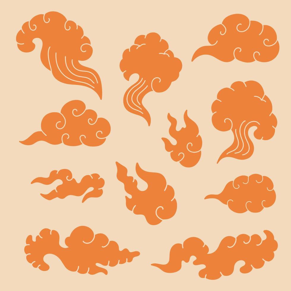 Oriental clouds illustration elements set, decorative Asian cloud collection, Japanese, Chinese, Vietnamese silluette cloud art vector