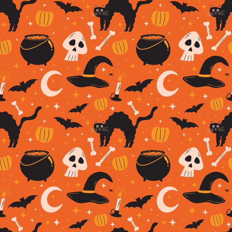 Halloween seamless pattern design with black cat, witch hat, pumpkin, cauldron, bats, candles, skull, bones, moon and stars, witchy, spooky aesthetic illustration elements vector