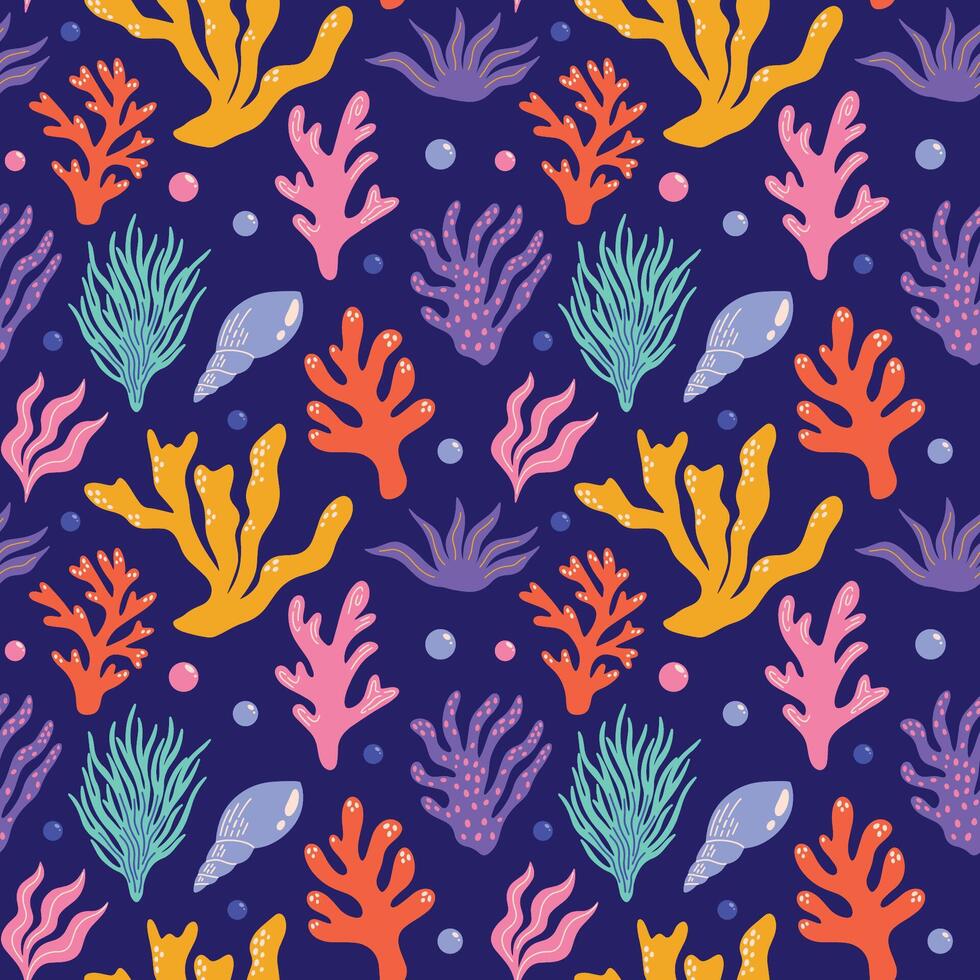 Seamless pattern design with underwater sea and ocean plants, coral, seaweed, algae, abstract colorful cartoon funky groovy illustration for wrapping paper, fabric, wallpaper decoration vector