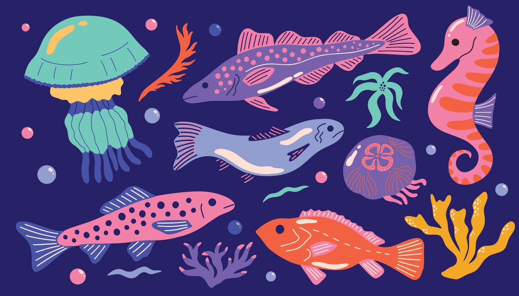 Set of various underwater colorful cartoon illustration of exotic fish, seaweed, jelly, algae, coral, jellyfish. Ocean, sea aquatic fauna and flora with different marine creatures, species vector