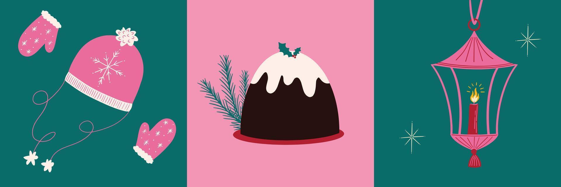 Set of cute Christmas cartoon illustrations, winter holiday season elements, Xmas cake, hat and gloves, lantern, snowflake, decorations, checkered design, retro flat style vector
