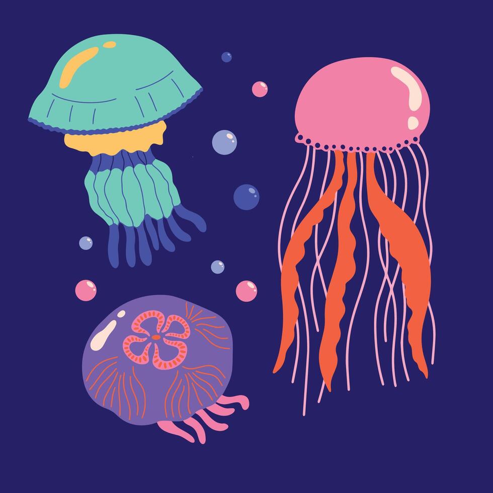 Set of different types of colorful jellyfish isolated on a dark background. Collection of sea marine animals various jellies, jelly, ocean fauna illustration bundle in cartoon flat funky doodle vector