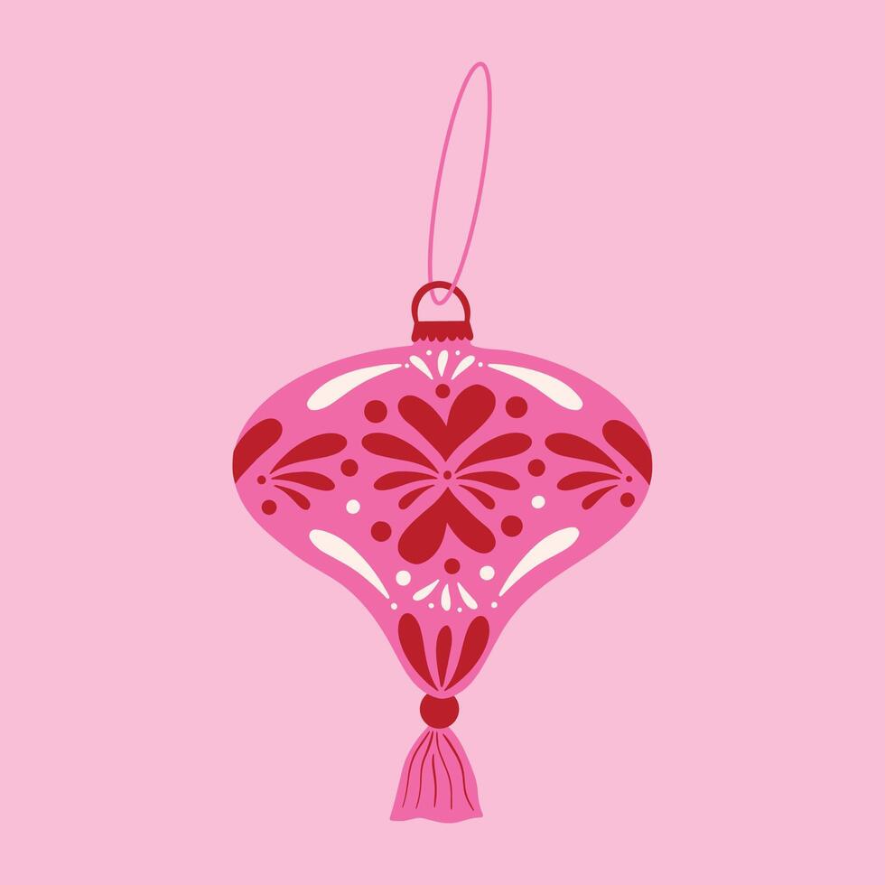 Beautiful Christmas ornament illustration element for tree. Pink and red Xmas ball, bauble, hanging toy hand drawn illustration. Winter holiday season decoration sticker vector