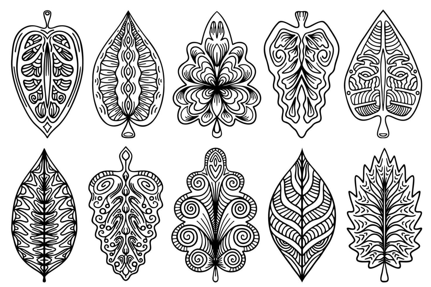 Abstract line art ornamental leaf decorative design elements. Zectangle linear patterned, stylized tangle leaves. Boho hand drawn tribal leaves illustrations collection, isolated on white background. vector