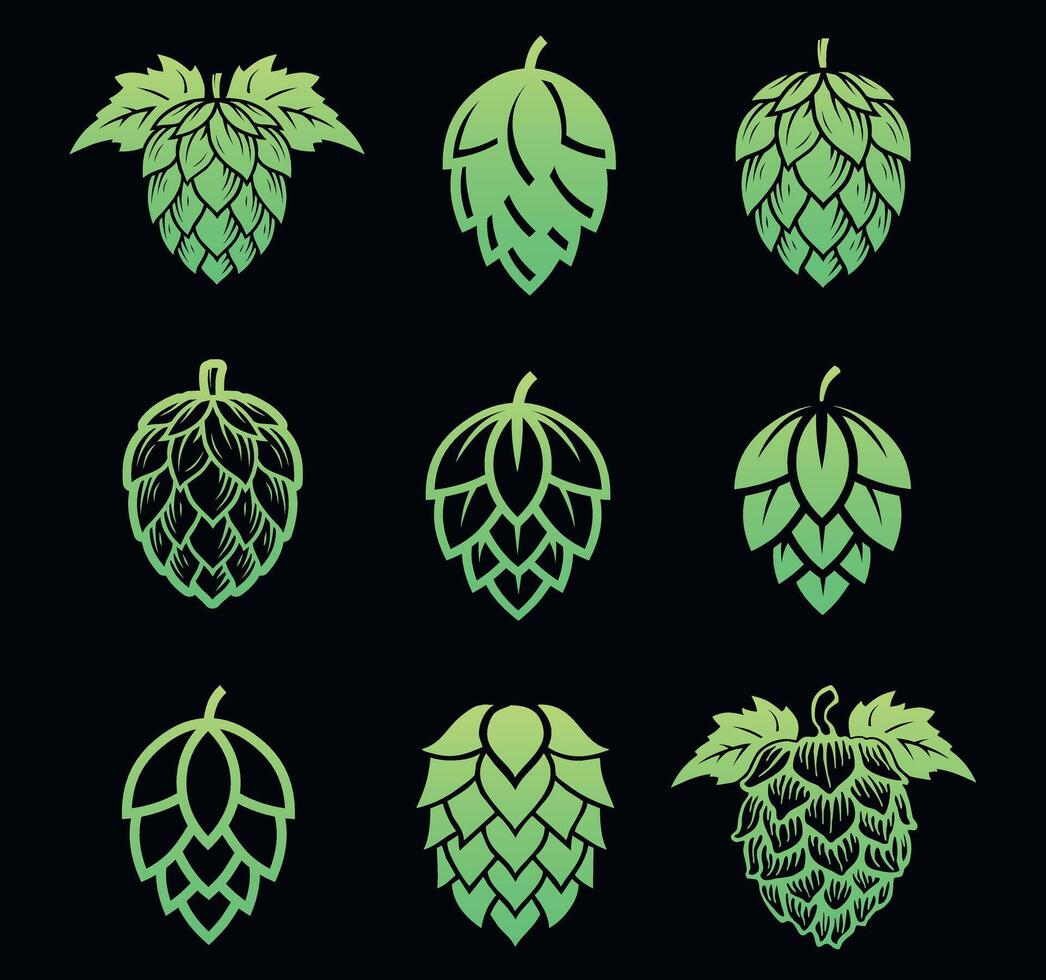Set of different hop flowers. Green silhouette of hops for beer logo. Hops icon on a dark background vector