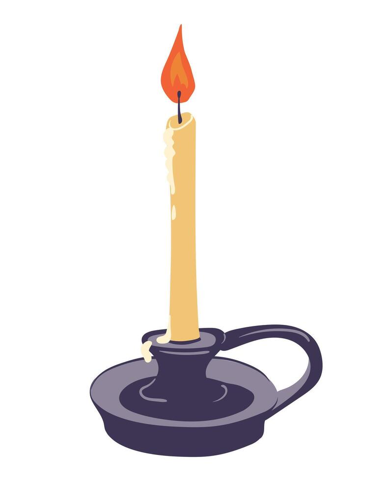 Medieval style candlestick with burning candle. Halloween elements in flat form. Element for mystical witch ritual, attribute of magic ritual on white background. Clipart for Day of the Dead. vector