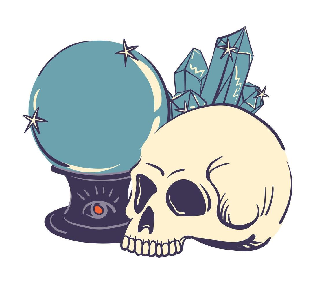mystical illustration with Magic ball, skull and crystals. Occult symbols in flat style. Concept art for tattoo or occult related project. Witchcraft, astrological, esoteric, magic symbols. vector