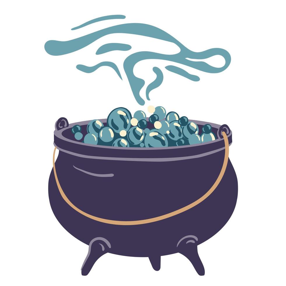 Witch black cauldron, magic pot with potion. steel cauldron with boiling magical brew or steaming slime. Wizard, evil sorceress or magician tool, cartoon teapot with poison. vector