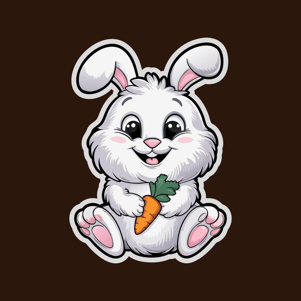 An Cute Rabbit Bunny Sitting ang Eating Carrot Cartoon Sticker Style vector