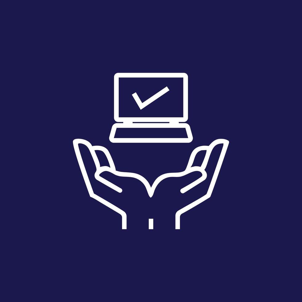Laptop and Hands Computer Service Protection Care Check Mark Icon vector