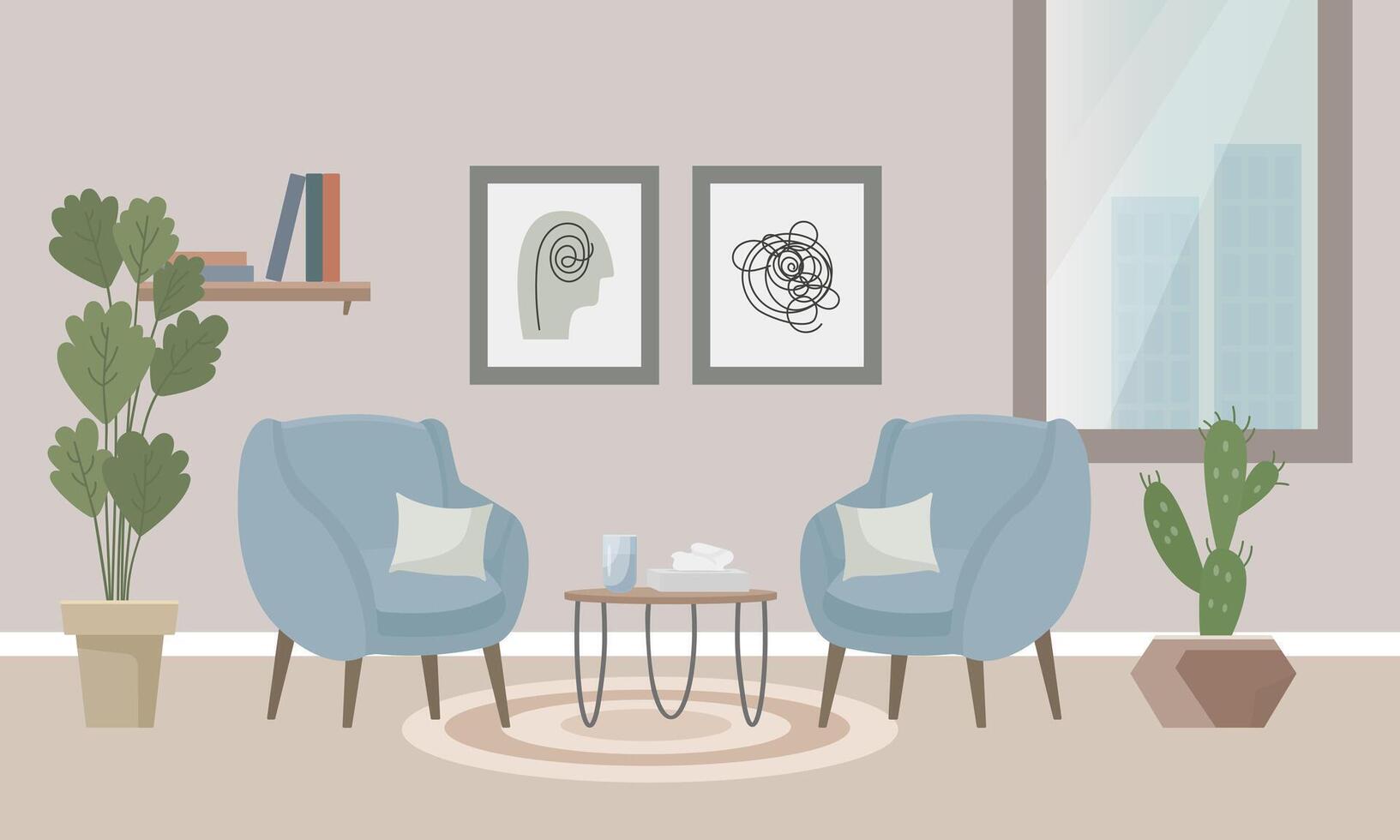 A psychologist's office, a cozy room with two armchairs, a window, paintings, a bookshelf, paper napkins and potted plants. Interior concept. flat illustration. vector