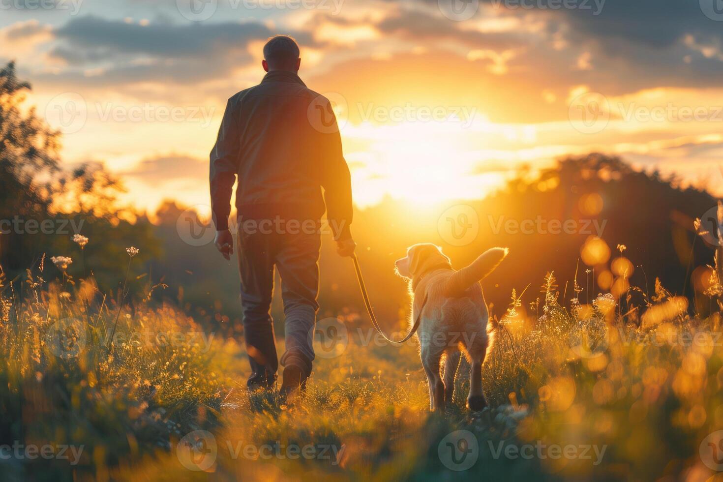 young man with his dog are running in nature. photo