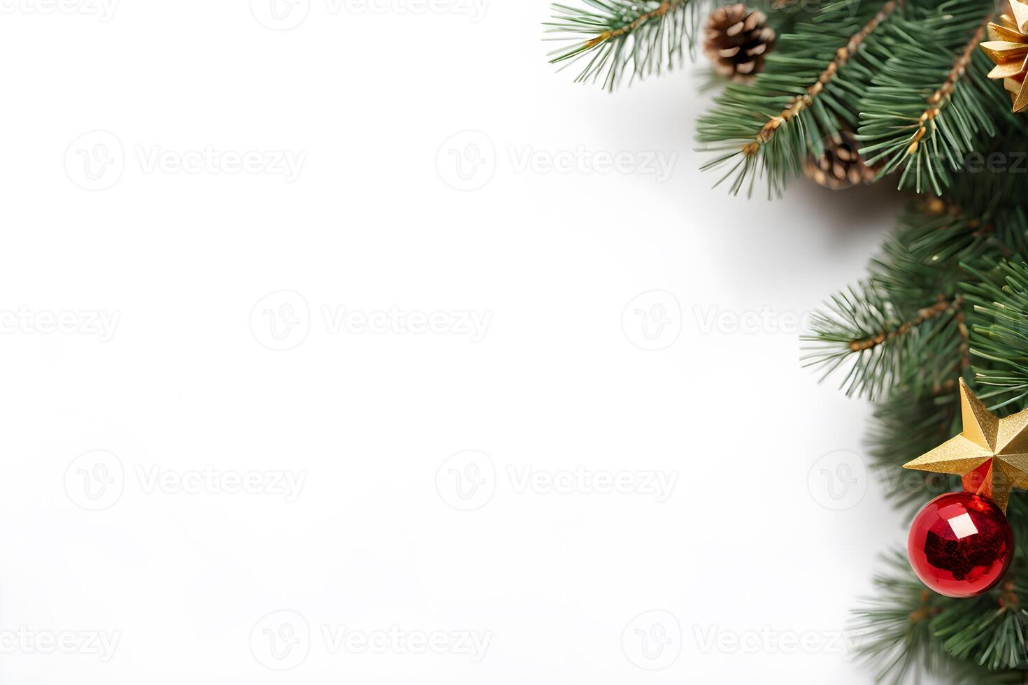 Top view layout with left blank space adorned pine tree branch decorative with one red ball and star on white background like snow photo