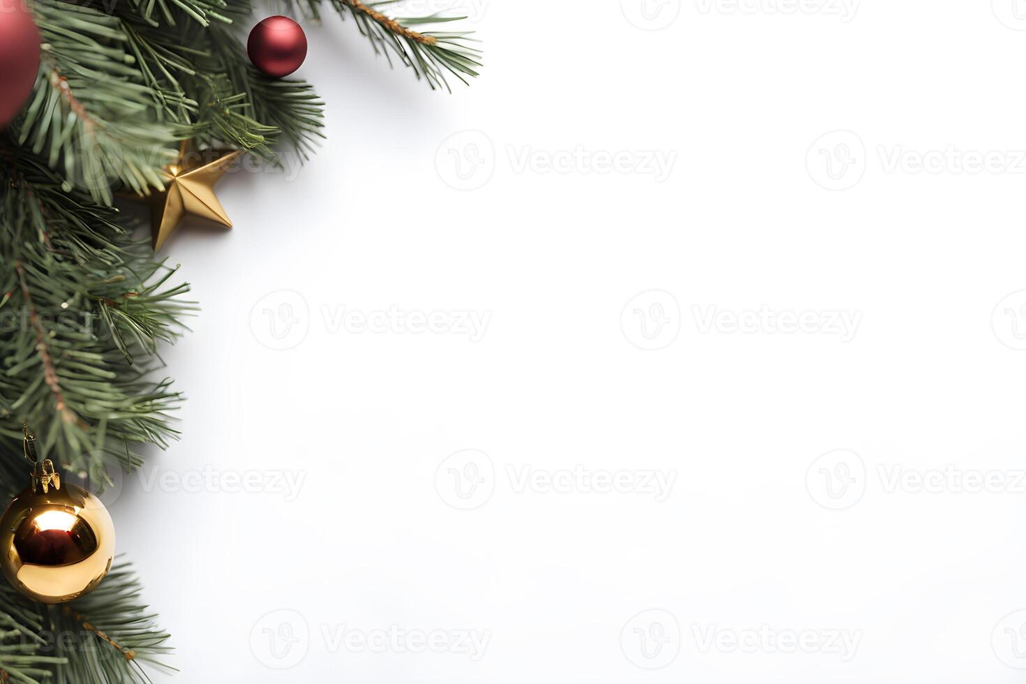 Top view layout with right blank space adorned pine tree branch decorative by red and gold ball orb and gold star on white background like snow photo