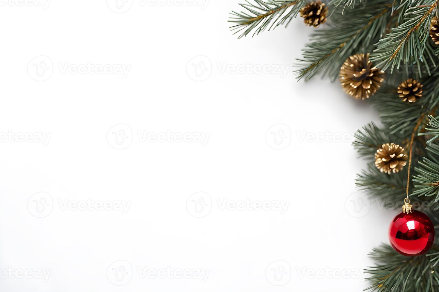 Top view layout with left blank space adorned pine tree branch decorative with shiny red ball on white background like snow photo