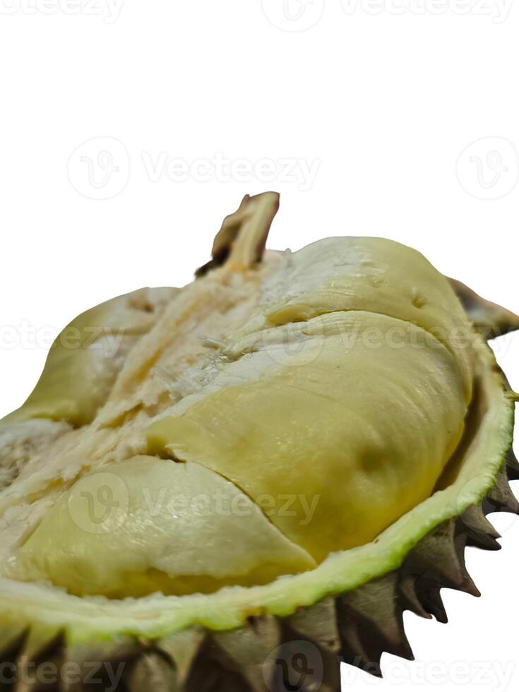 Durian cut open to reveal large, delicious segments. Isolated on a white background. Durian is the king of fruits. photo