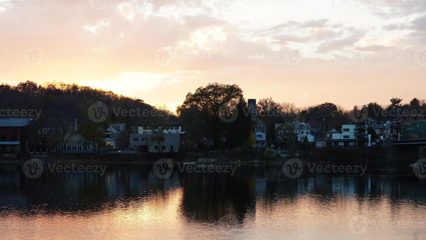The beautiful sunset view with the colorful sky and river as background in a little USA town photo