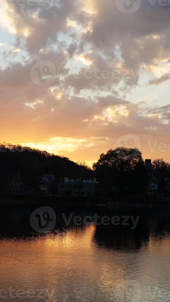 The beautiful sunset view with the colorful sky and river as background in a little USA town photo