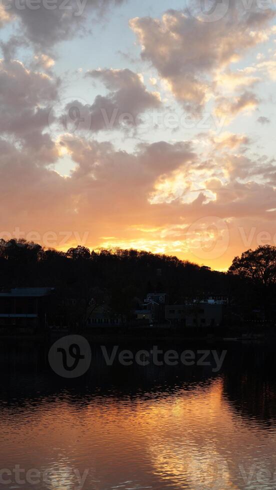 The beautiful sunset view with the colorful sky and river as background in a little USA town photo