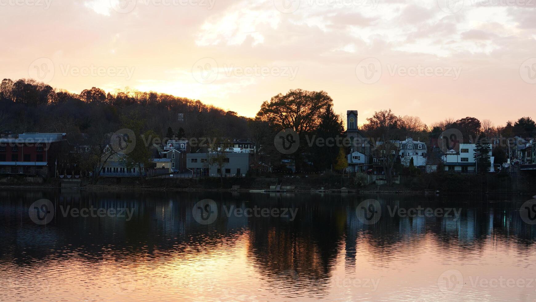 The beautiful sunset view with the colorful sky and river as background in a little USA town photo