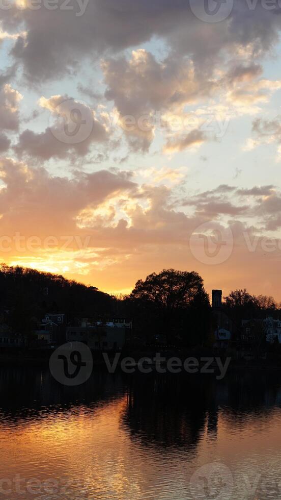 The beautiful sunset view with the colorful sky and river as background in a little USA town photo