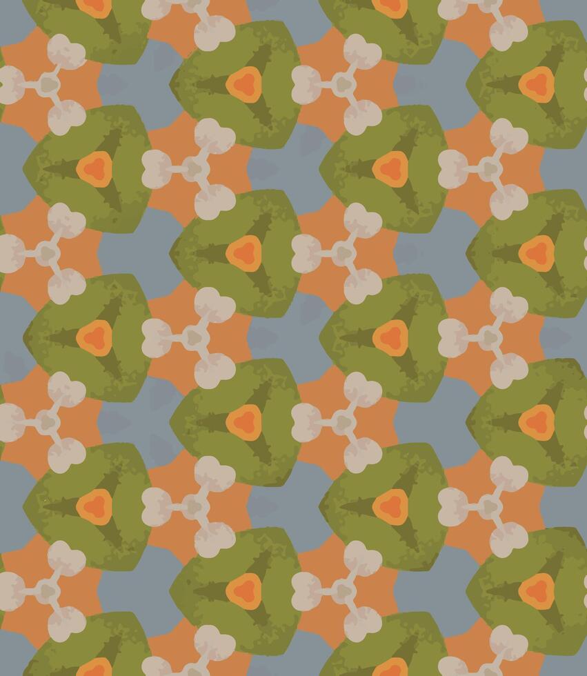 Repeating geometric seamless pattern with five-sided shapes in shades of orange, green, blue, and white. The design is intricate and visually complex. vector