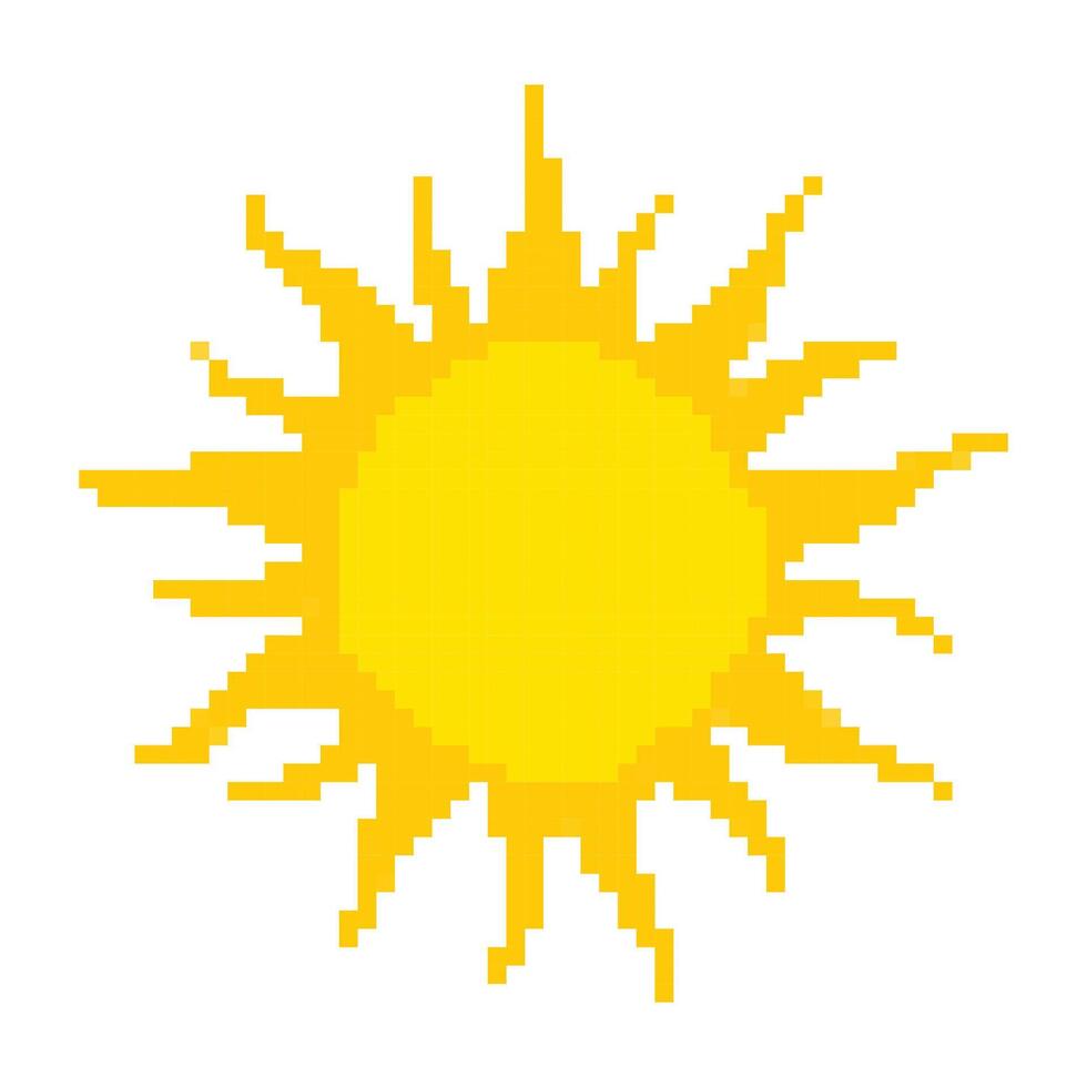A vibrant pixelated sun icon in bright yellow, featuring sharp rays extending outward. This retro-style design evokes a nostalgic feel, perfect for digital art, game design, and creative projects. vector