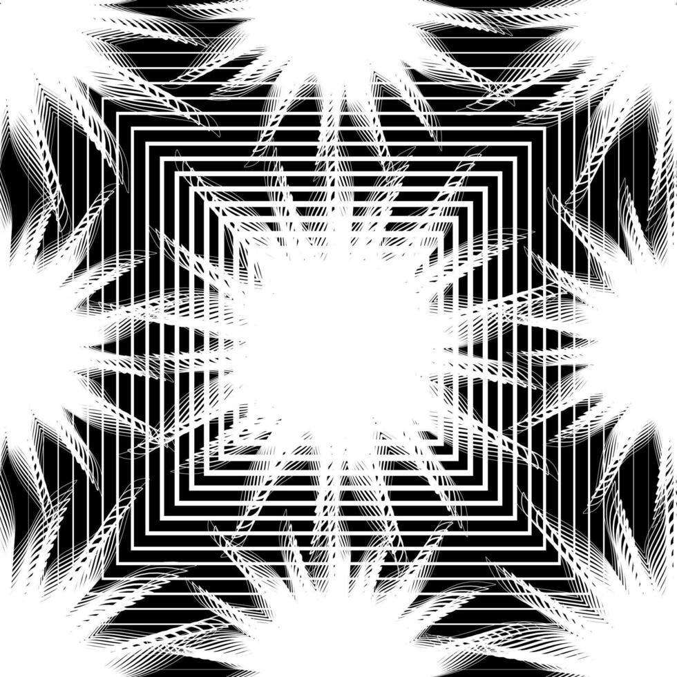 Black and white abstract seamless pattern, geometric design, concentric squares, radiating lines, symmetrical, optical illusion effect, high contrast, intricate, repetitive, square frame, linocut. vector