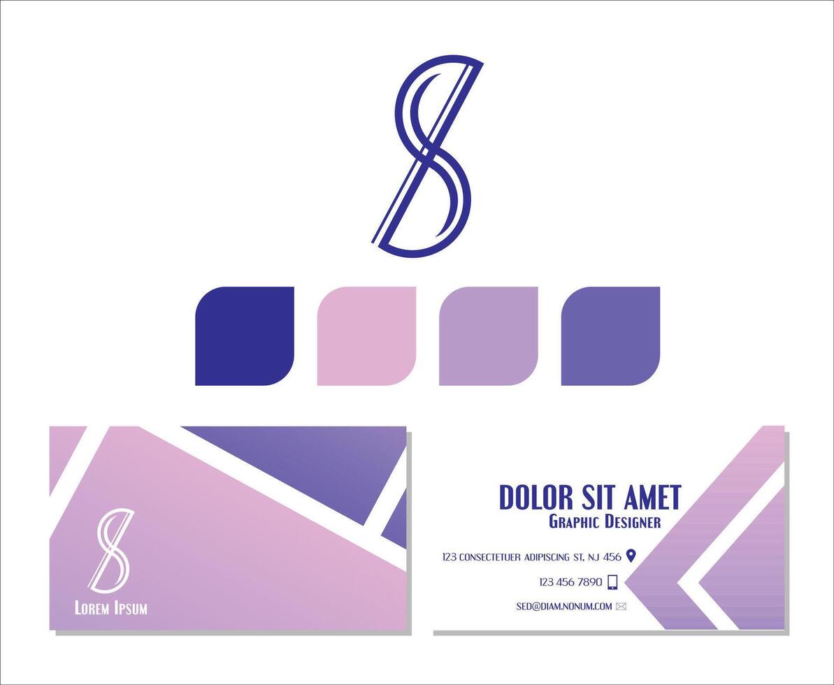 logo and a business card design. Four color swatches below the logo in a row. The business card design has a white background with a geometric pattern of overlapping diagonal lines in the background. vector