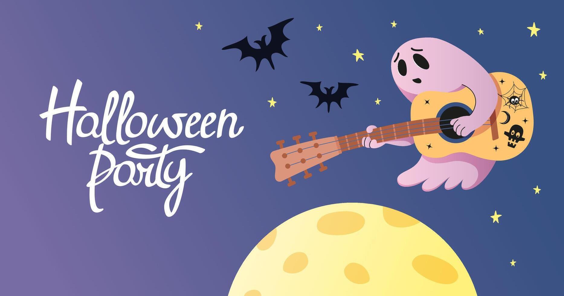 Happy Halloween horizontal banner. Festive invitation background. Ghost with guitar, night sky and moon. Spooky elements, bats, moon. Halloween party lettering. flat illustration. vector