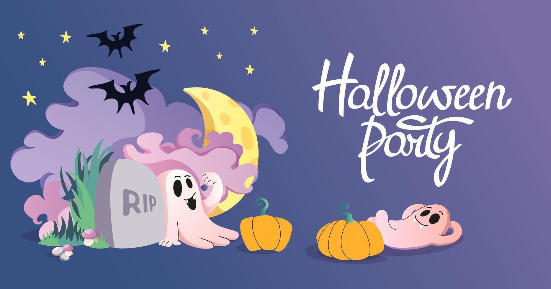Happy Halloween horizontal banner. Festive invitation background. Cute ghosts have romantic picnic at cemetery. Spooky elements, bats, moon. Halloween party lettering. flat illustration. vector