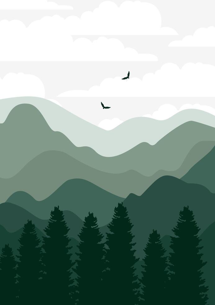 Silhouette of pine tree forest in the mountains. Aesthetic green landscape 2d illustration vector