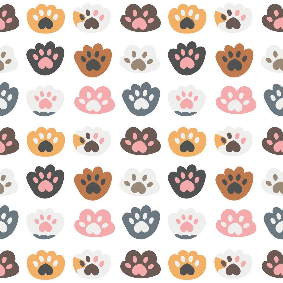 Seamless pattern with cute cat paws. Cat foot of different colors. For textiles, wrapping, cards, prints. On a transparent background. For pet shops, veterinary clinics, shelters, children. vector