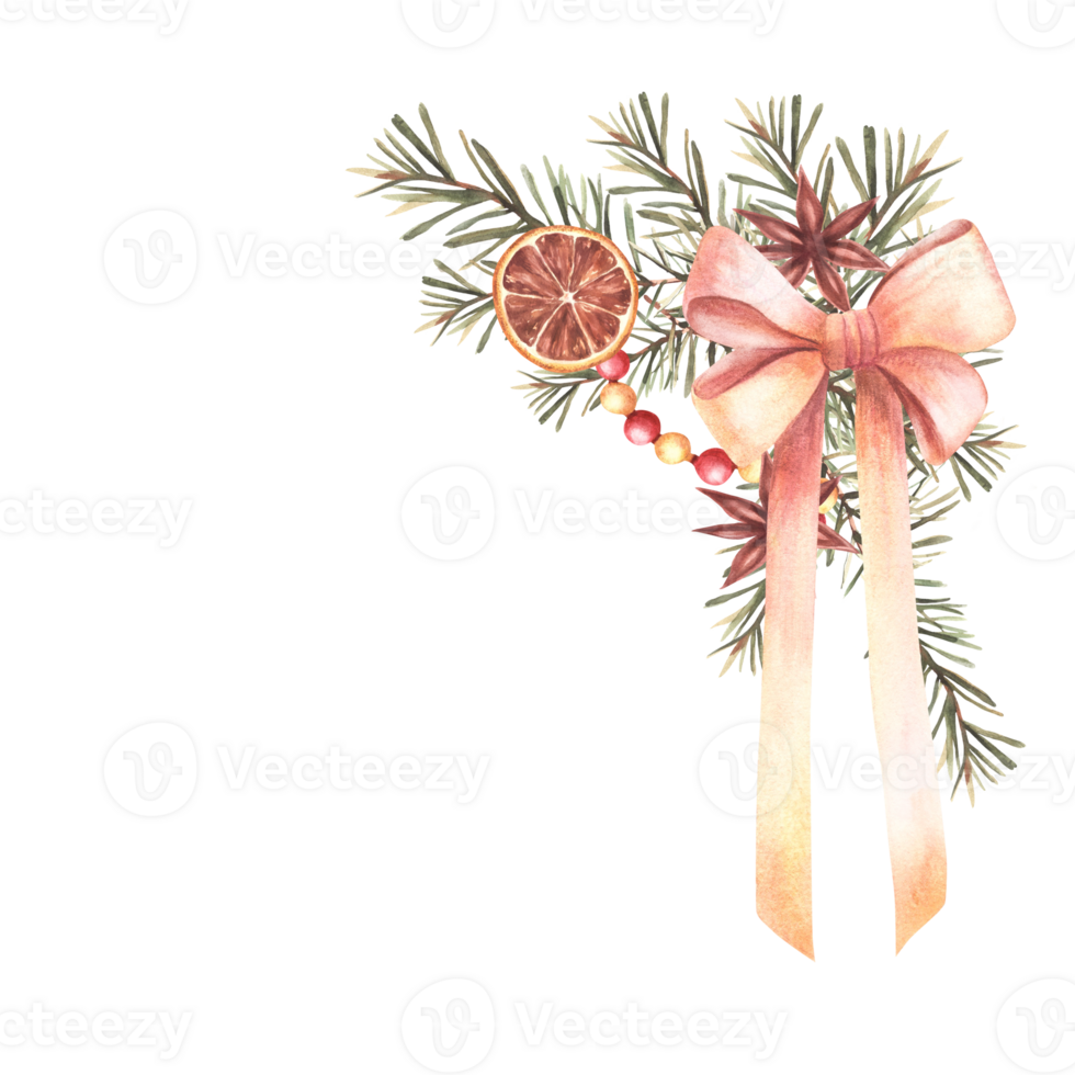 Christmas fir branch vintage fashioned. Spruce tree branches with Garland, dried fruits, spices and pink gold bow. Watercolor Xmas festive clipart for card print. Illustration isolated from background png