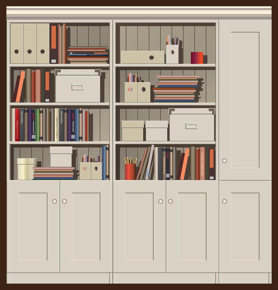 Bookcase. composition of cabinets with books, files and other trifles vector
